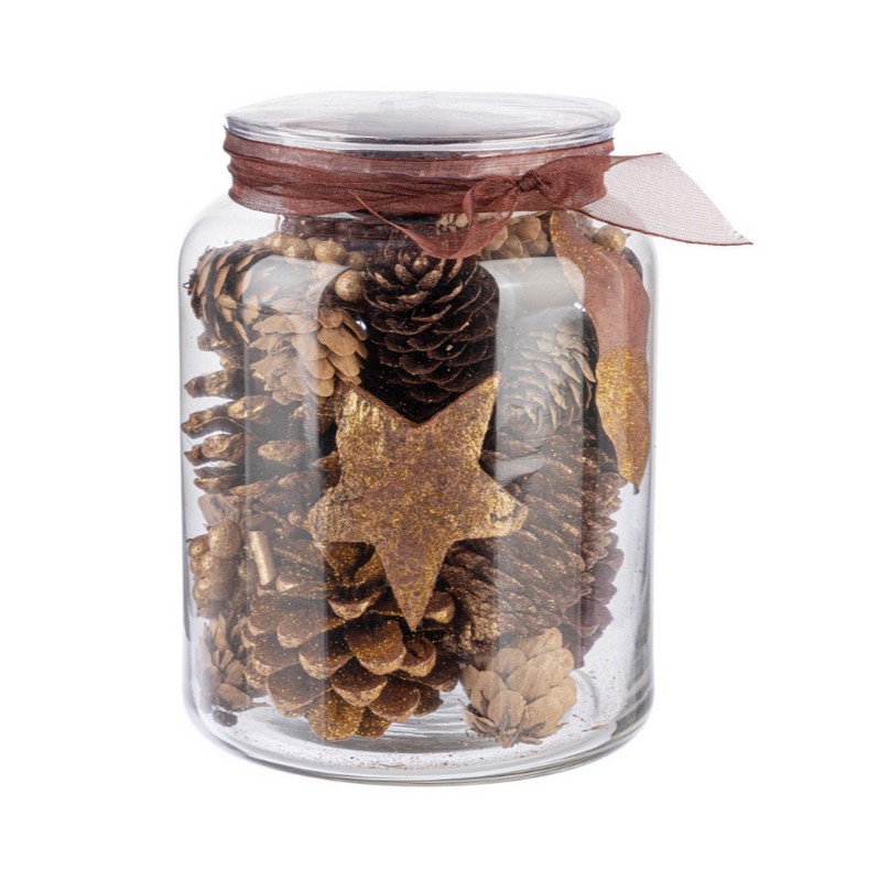 Vaso in vetro contenente potpourri misto autunnale, ideale come centrotavola o decorazione autunnale